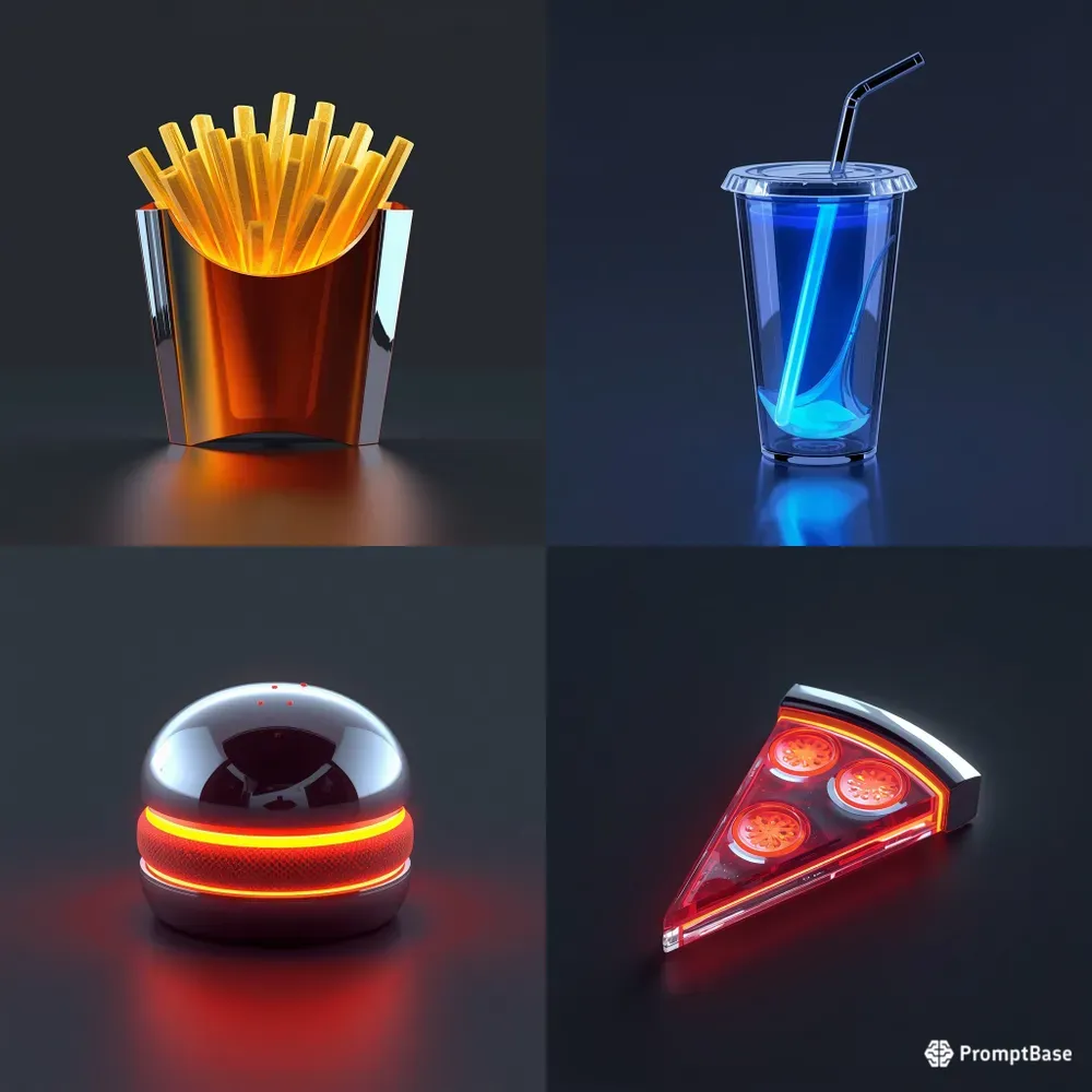3D Cyberpunk Neon Fast Food Icons