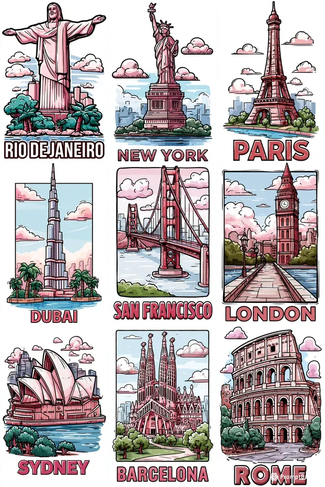 Cartoon Landmark Travel Posters
