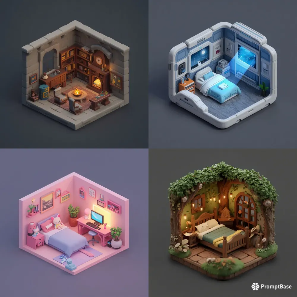 3D Isometric Cozy Fantasy Room Dioramas