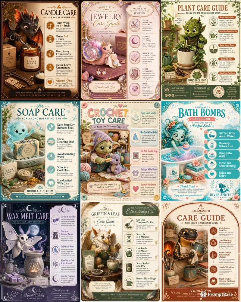 Cute Fantasy Product Care Cards