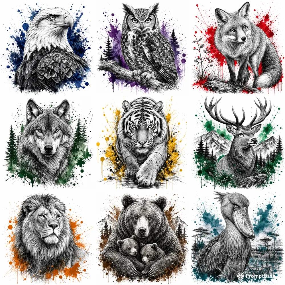 Wildlife Watercolor Ink Art Prints