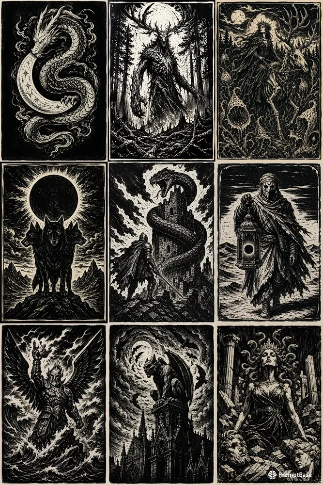 Dark Fantasy Linocut Posters