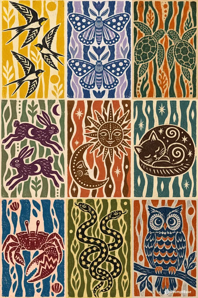 Rustic Linocut Block Print Art