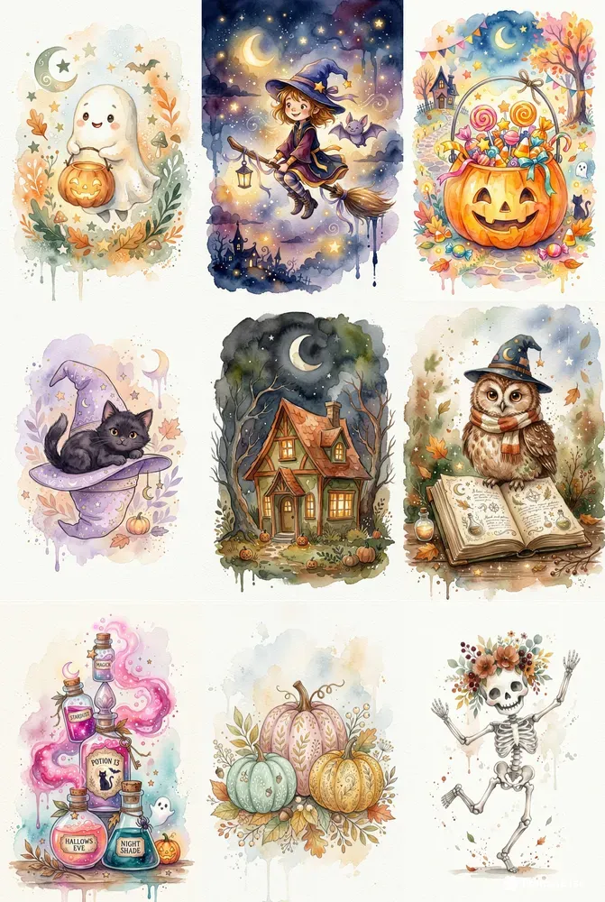 Whimsical Halloween Watercolor Clip Art
