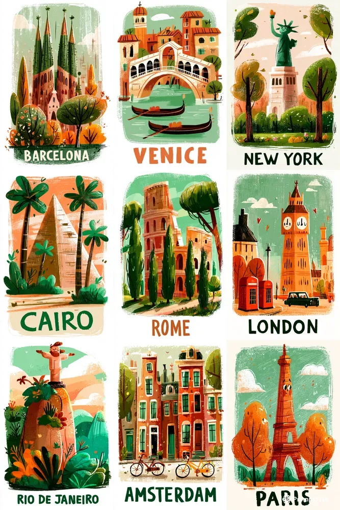 Handpainted City Travel Posters