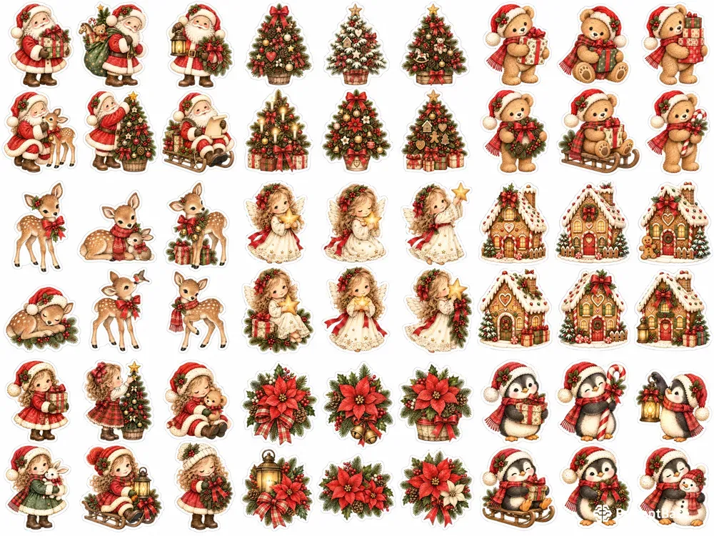 Christmas Vintage Sticker Sheet Cliparts