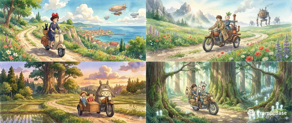 Whimsical Ghiblistyle Motorcycle Journeys