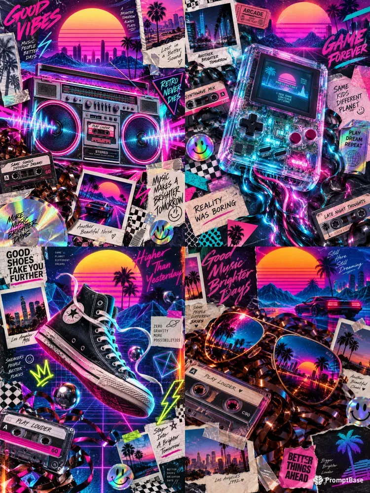 Neon 80s Synthwave Scrapbook Assets