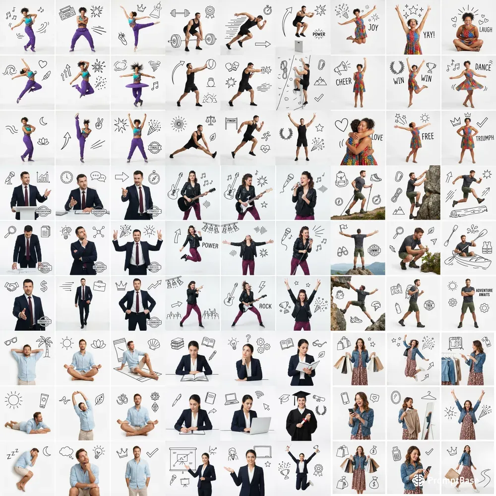 Different Poses Of People With Line Art