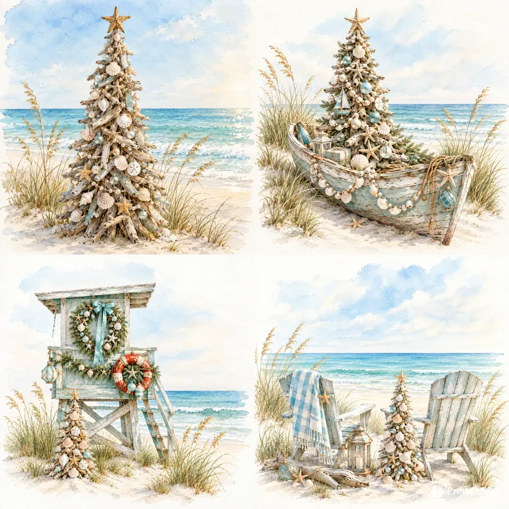 Coastal Christmas Tree Watercolors