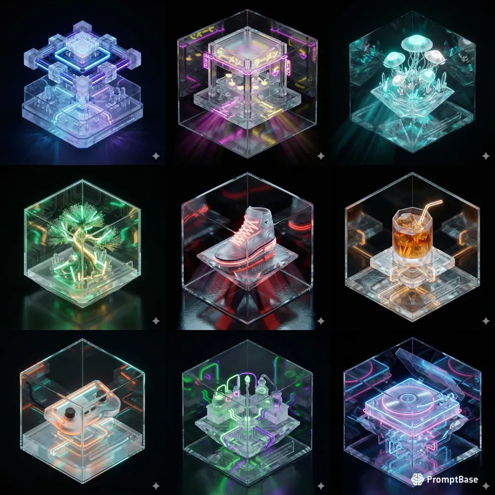 3 Isometric Neon Glass Microworlds
