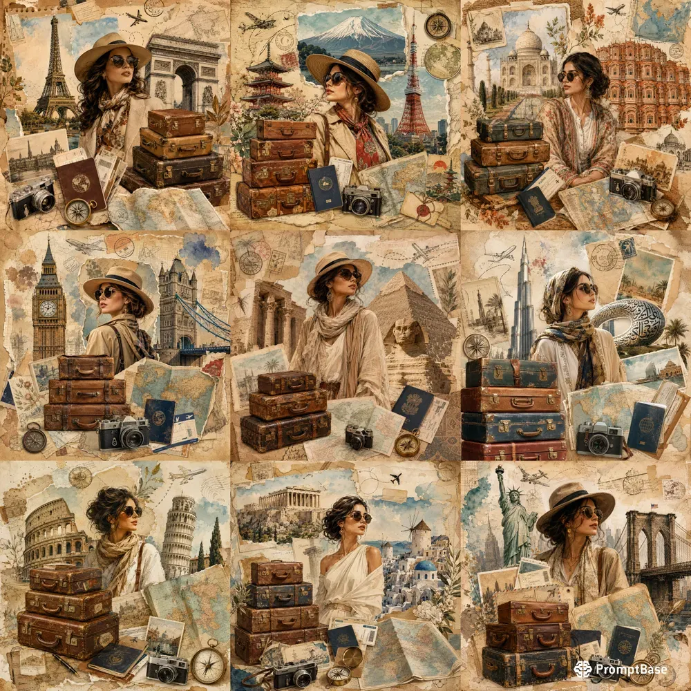 Vintage Travel Scrapbook Collage Posters