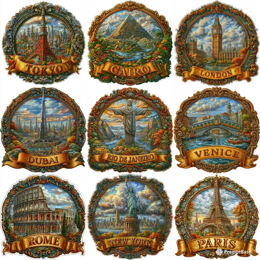 Ornate Vintage Travel Landmark Stickers