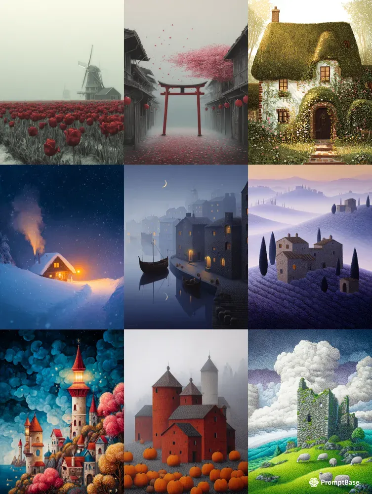 Textured Folk Art Storybook Landscapes