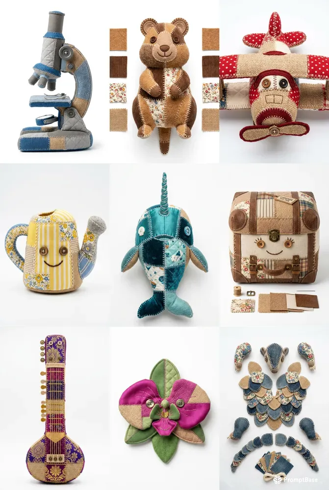 Whimsical Patchwork Toy Flashcards Art