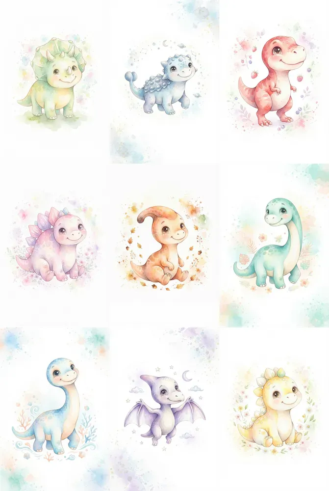 Whimsical Watercolor Dinosaur Cliparts