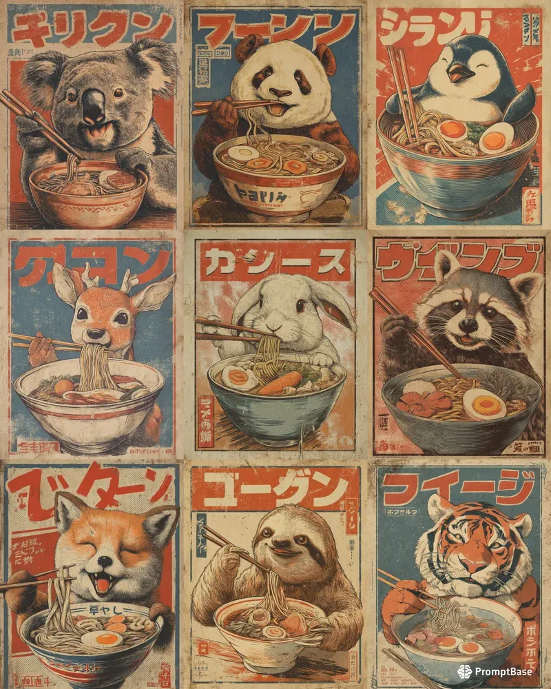 Animals Eating Ramen Vintage Posters