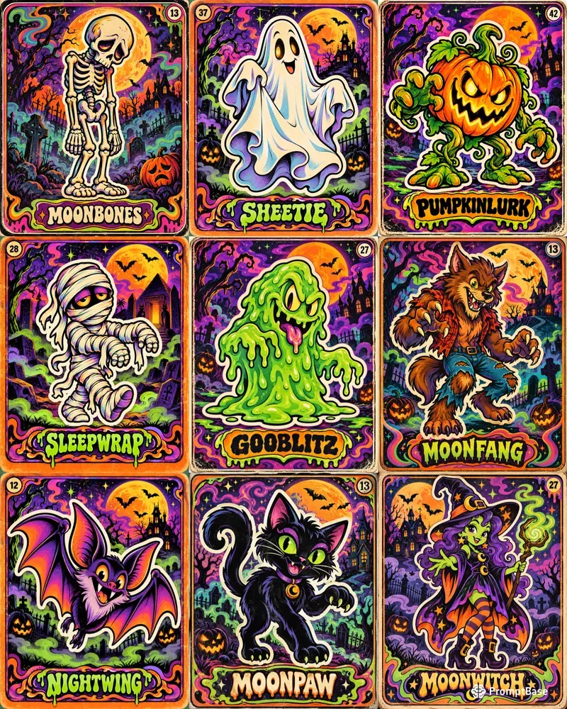 80s Psychedelic Halloween Monster Cards