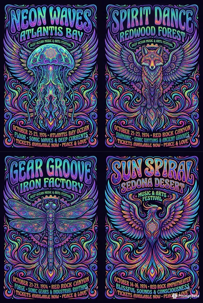 Vibrant 70s Psychedelic Festival Posters