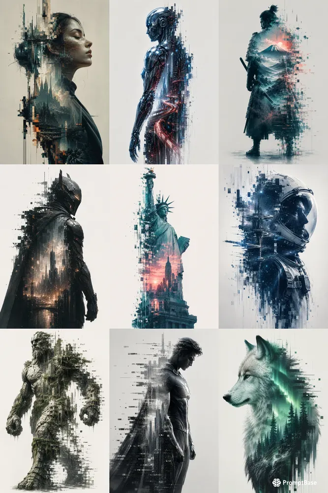 Pixel Glitch Double Exposure Posters