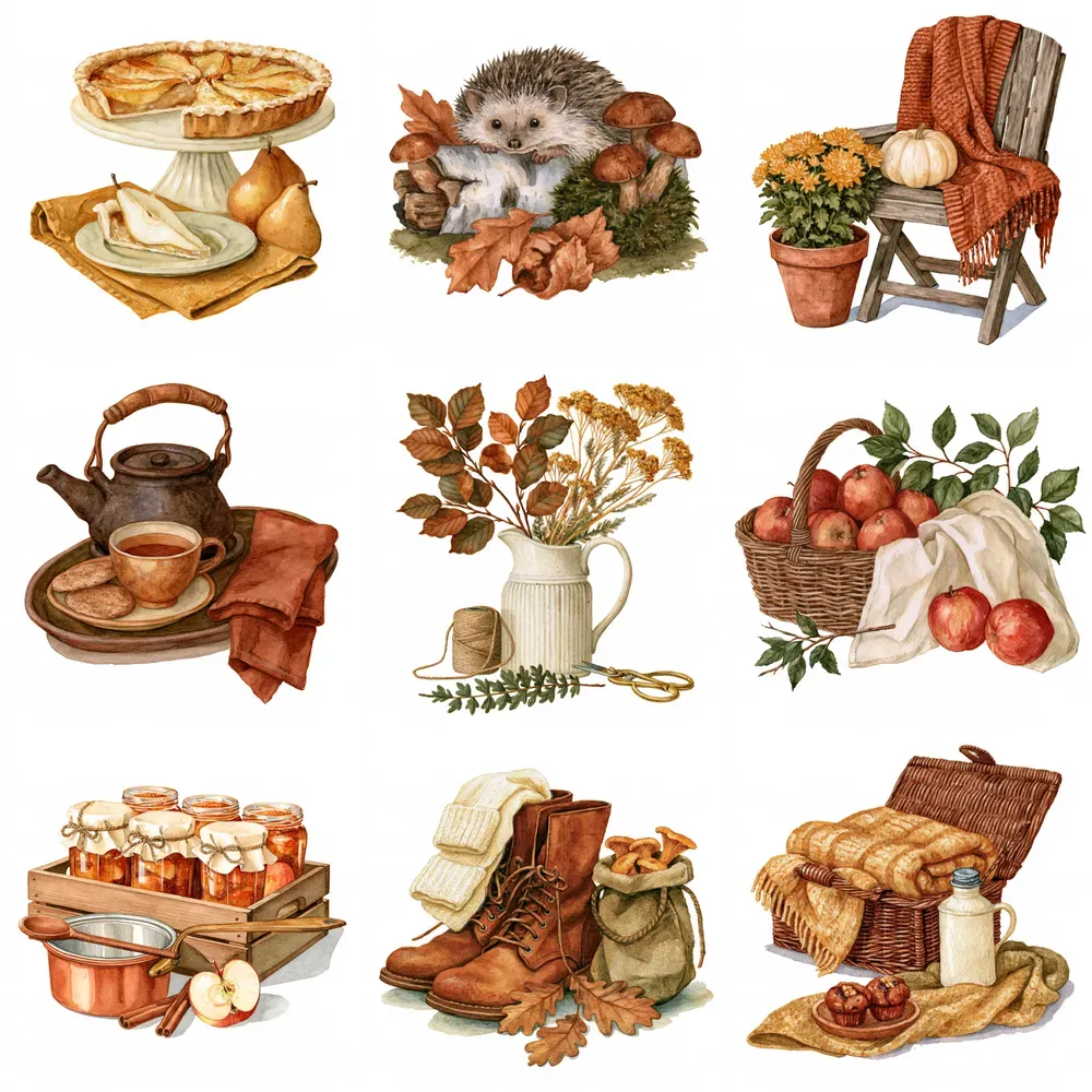 Rustic Autumn Watercolor Clipart Scenes