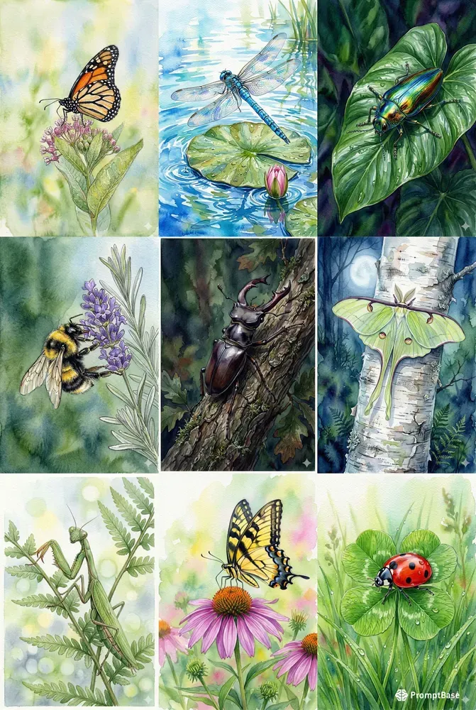 Botanical Watercolor Insect Art