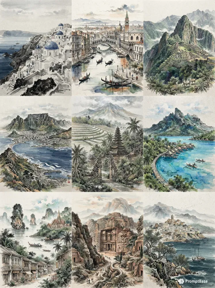 East Asian Ink Wash Travel Posters