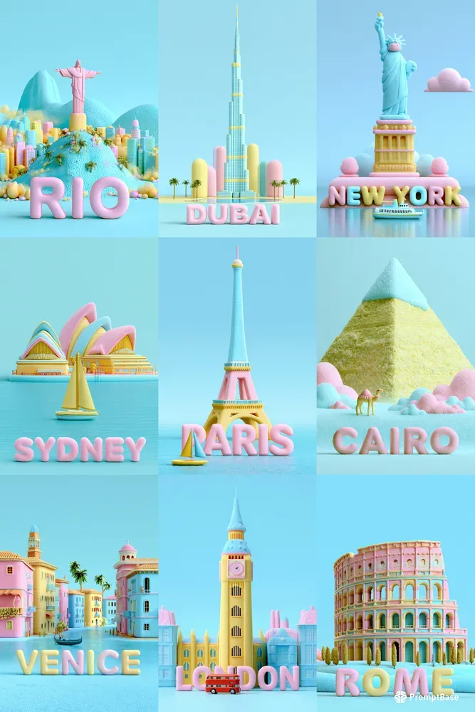 Pastel 3D Landmark Posters