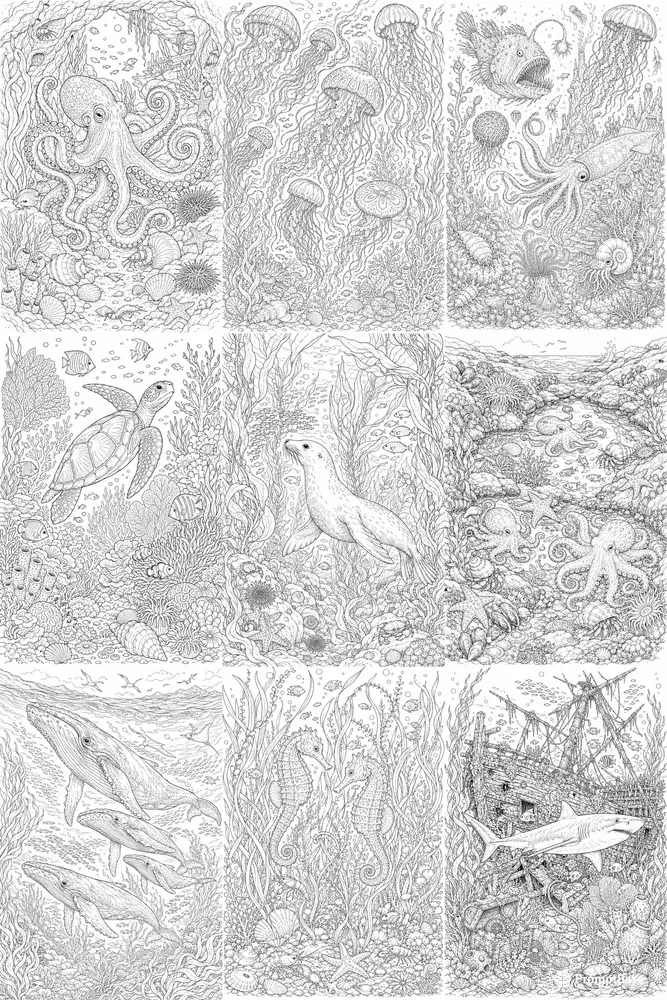 Ocean Sea Creatures Adult Coloring Pages