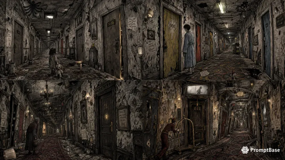 Surreal Hotel Hallway Ink Illustrations