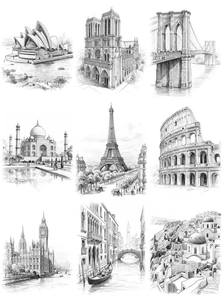 Famous Landmark And City Pencil Sketches