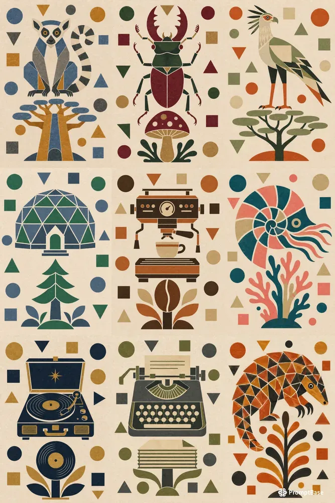 Midcentury Geometric Folk Art Posters