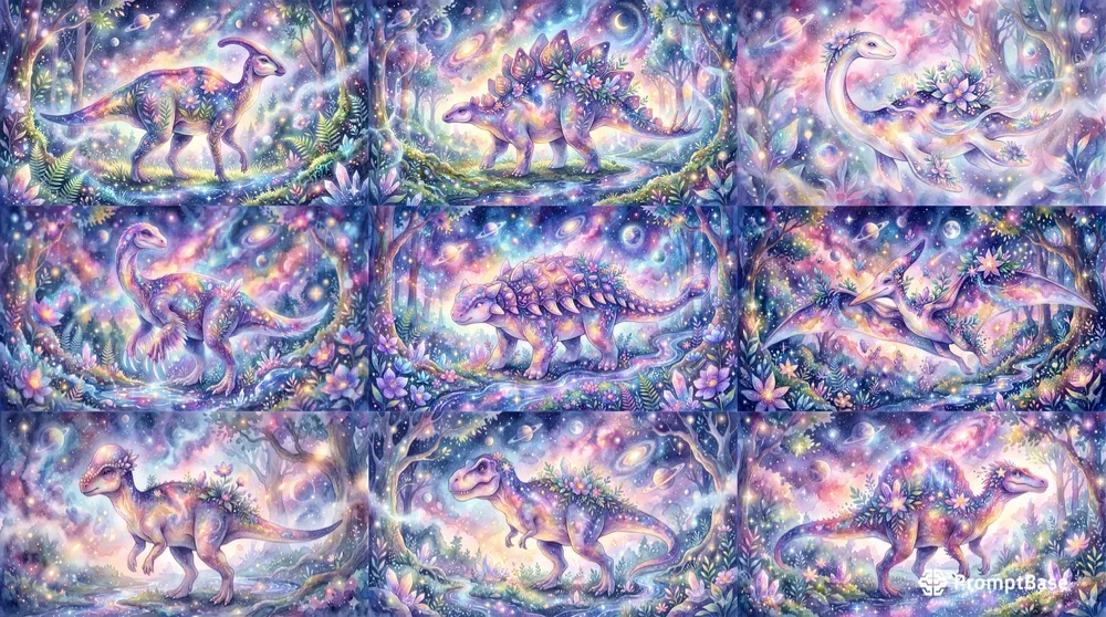 Dreamy Watercolor Dinosaurs In Cosmics