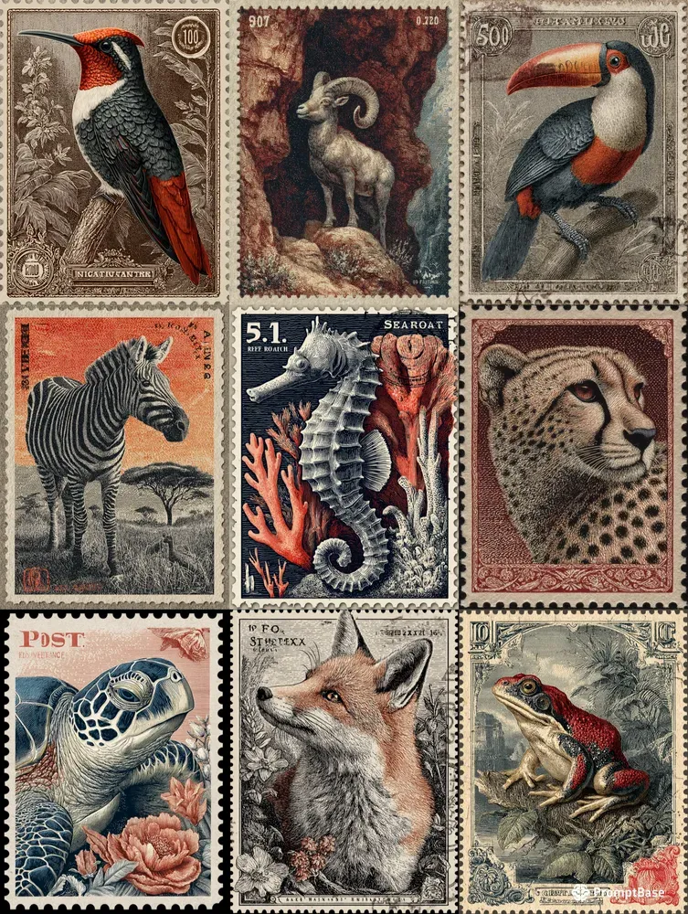 Vintage Animal Postage Stamp Ephemera
