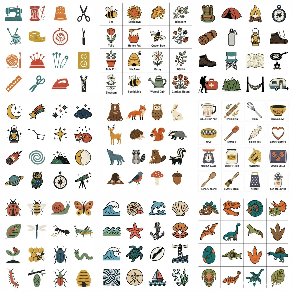 2D Flat Risograph 16in1 Icon Grids
