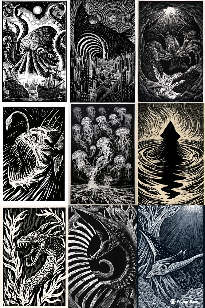 Deep Sea Cosmic Horror Linocut Art