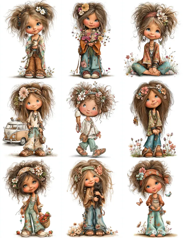 Spring Boho Girls Whimsical Cliparts