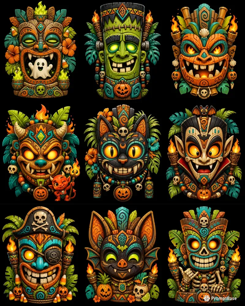 Cute Cartoon Halloween Tiki Masks