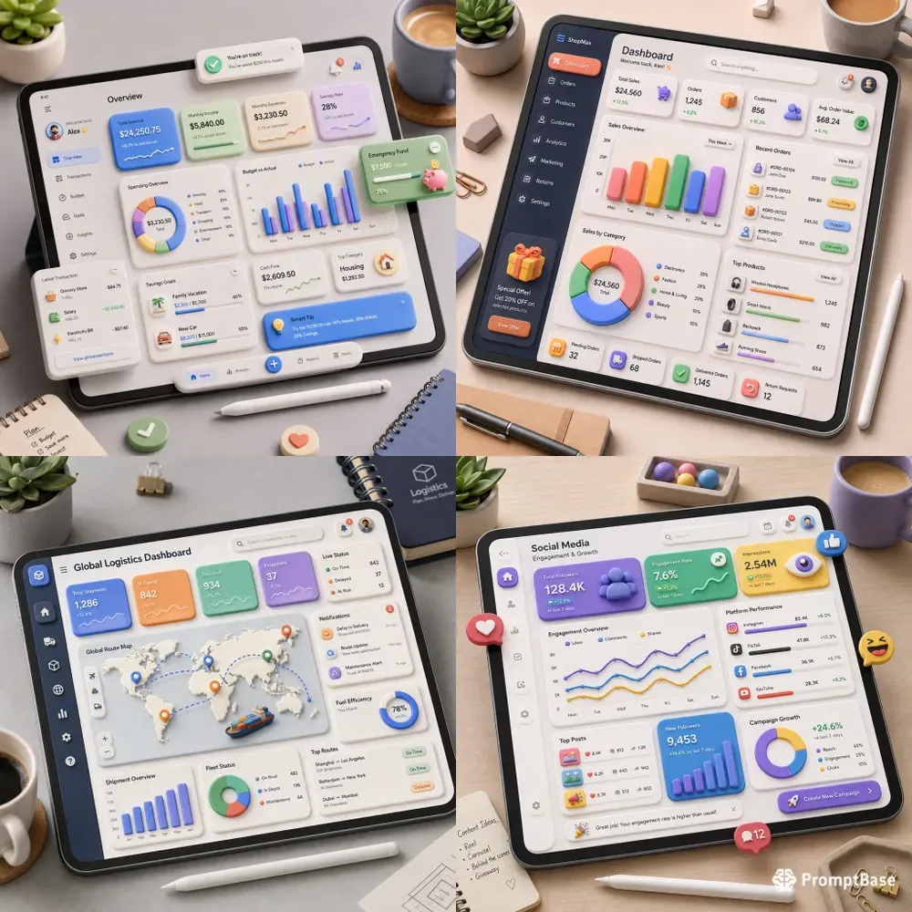 3D Claymorphic Dashboard UI Renders