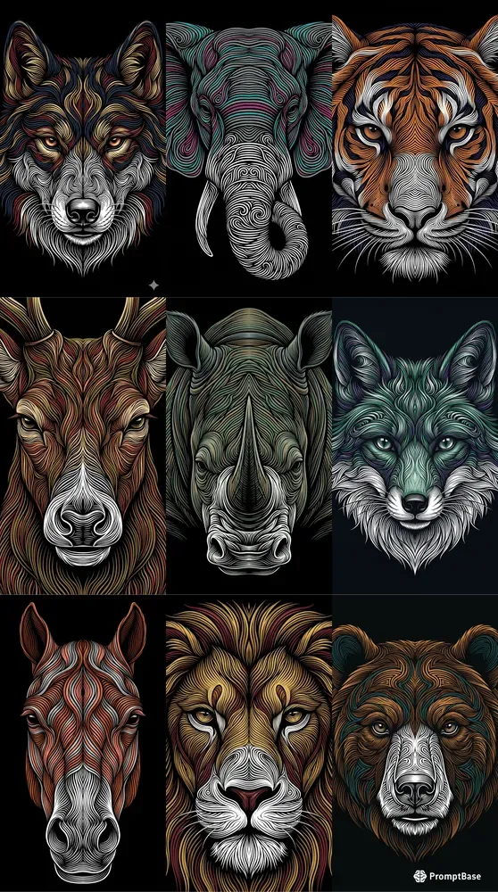 Symmetrical Geometric Animal Linocuts