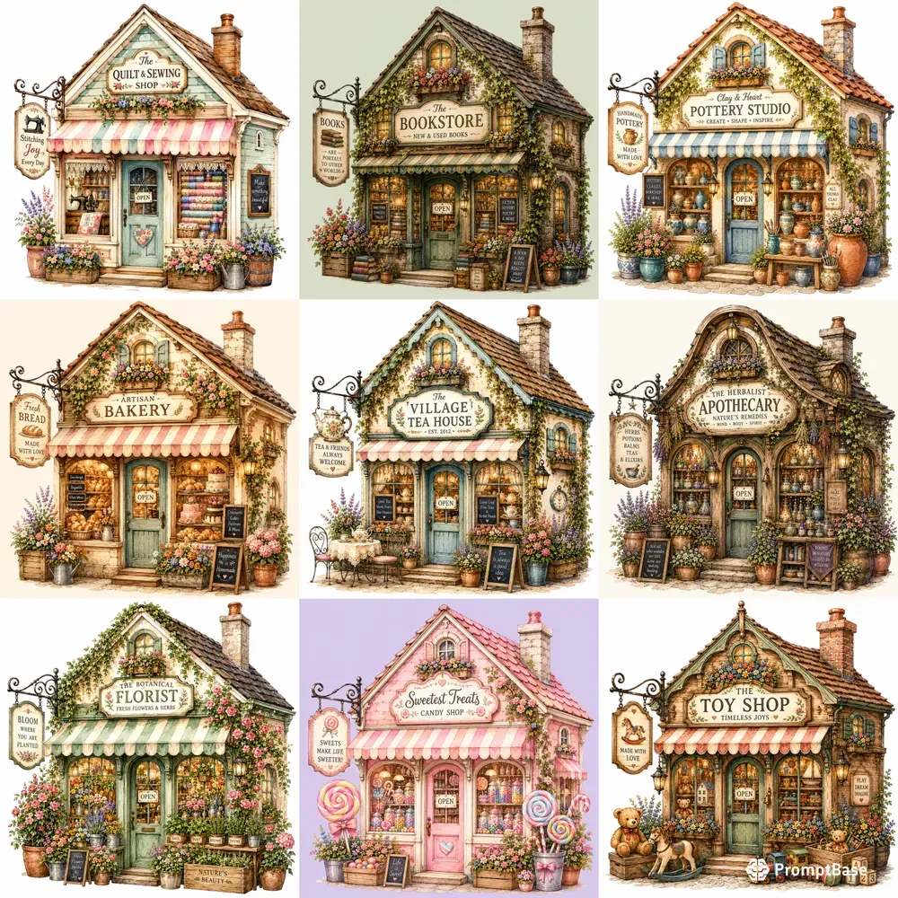 Watercolor Storybook Shop Facade Cliparts