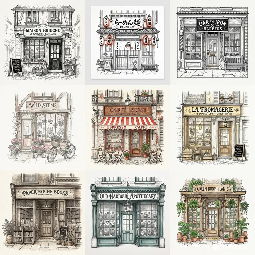 Ink Sketch Storefront Illustrations