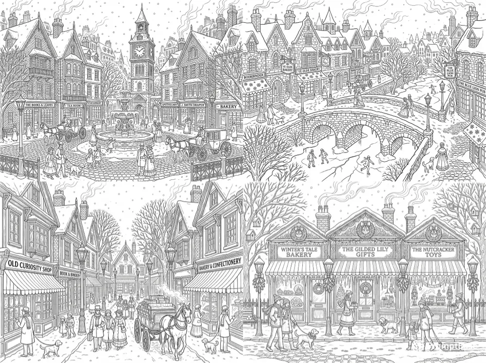 Victorian Winter Town Coloring Pages