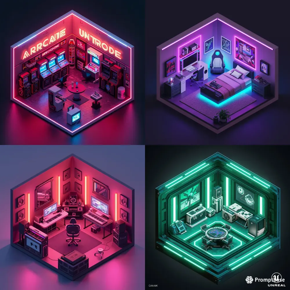 3D Isometric Neon Gaming Rooms