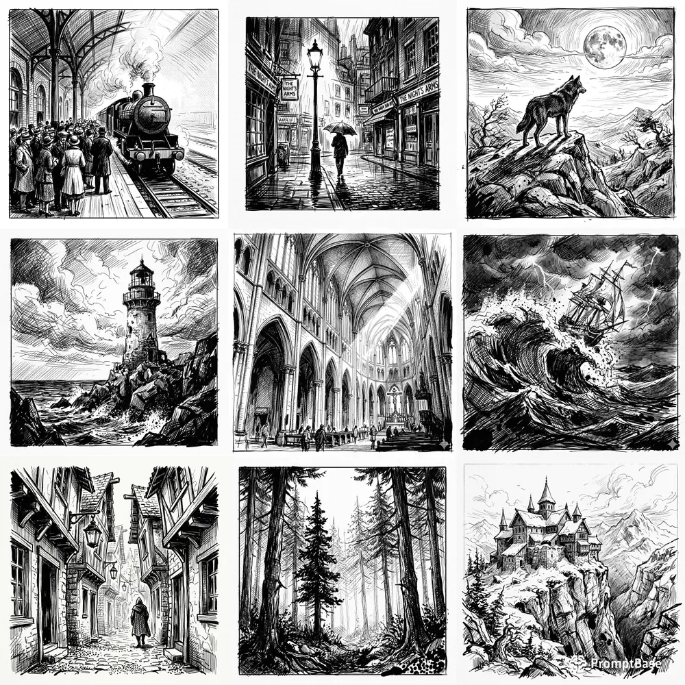 Cinematic Ink Sketch Scenes