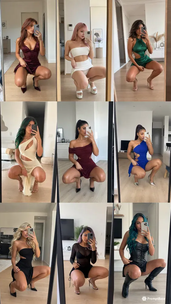 Female Model Deep Squat Mirror Selfies