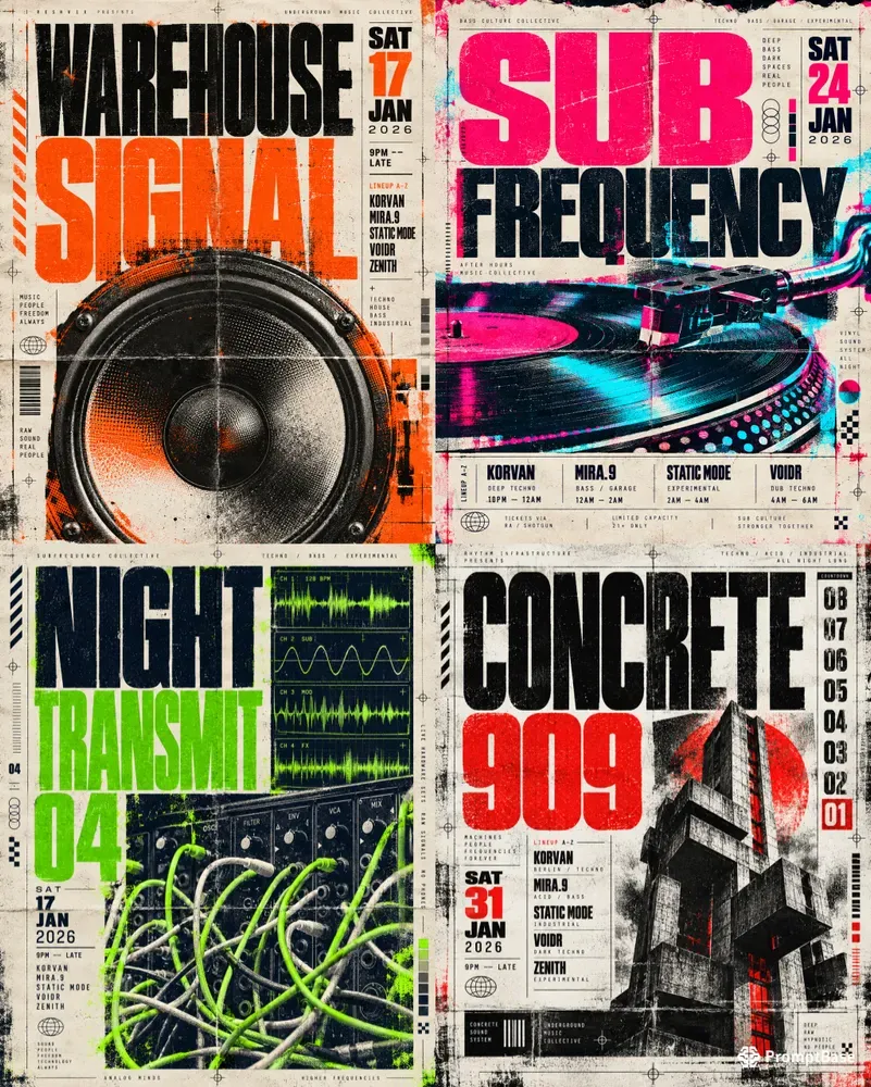 Techno Rave Flyer Retro Print Textures
