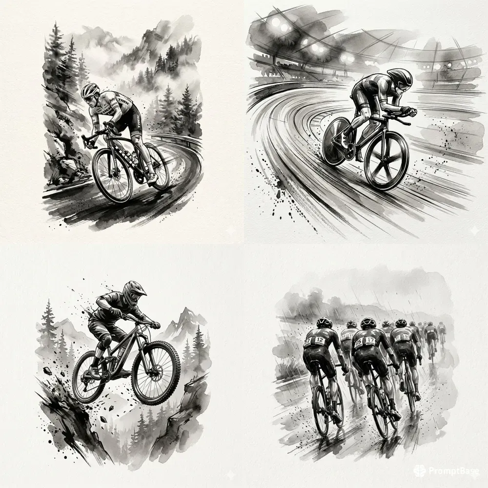 Cycling Sumie Ink Wash Illustrations