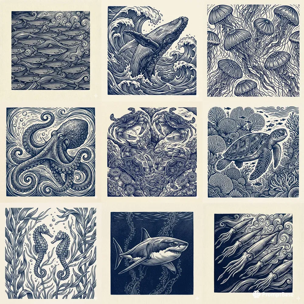 Vintage Marine Linocut Pattern Art