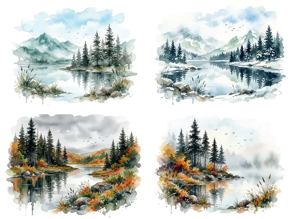 Watercolor Forest Lake Clipart